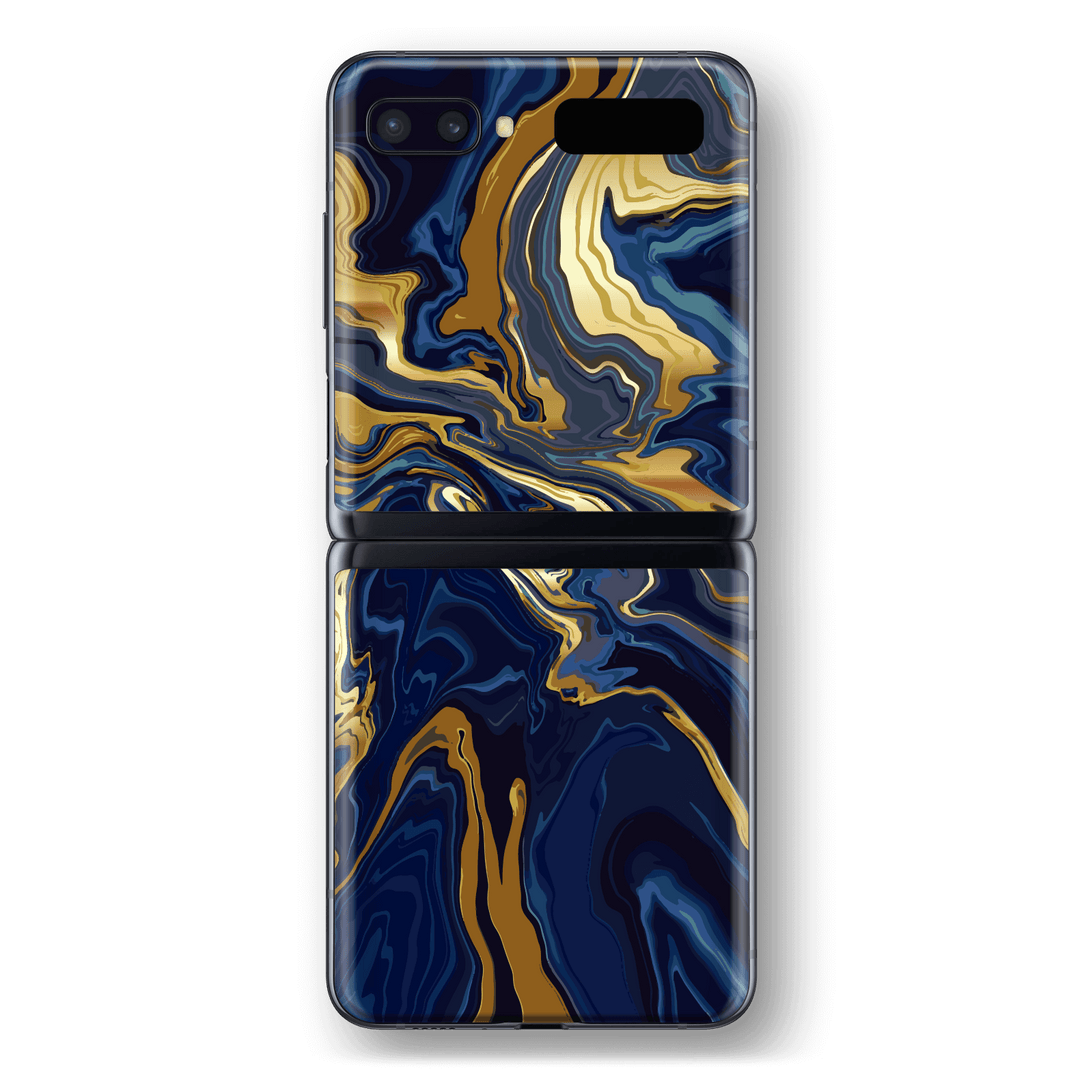 Samsung Galaxy Z Flip Print Printed Custom SIGNATURE Ocean Blue & Gold Luxury Skin Wrap Sticker Decal Cover Protector by EasySkinz